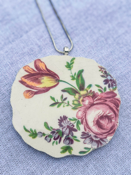 Handmade Broken China Pendant- Priscilla Pattern [Blushing Bouquet]